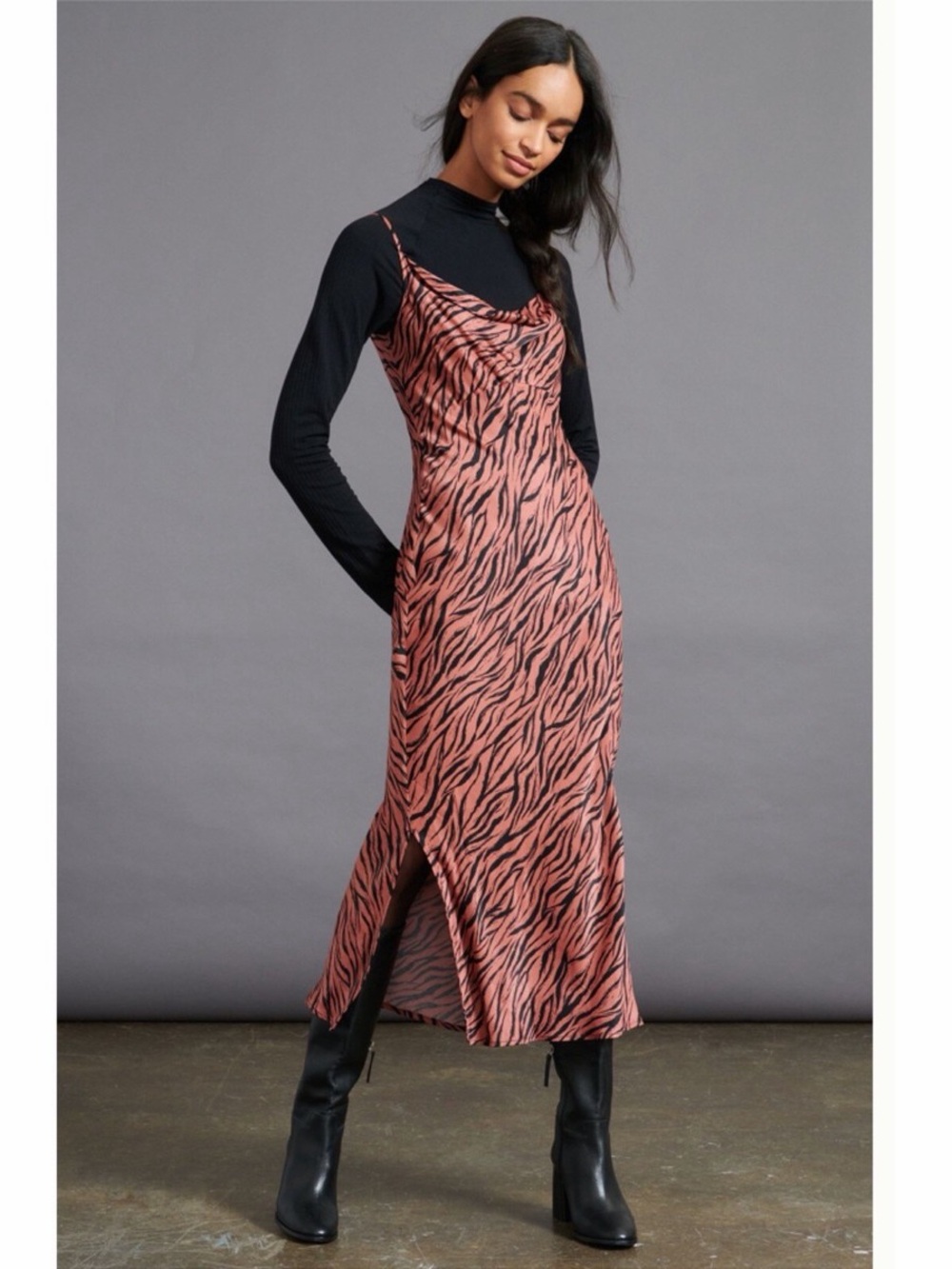 Anthropologie Elyse Bias Satin Silky Slip Dress Zebra Print Size Large Animal